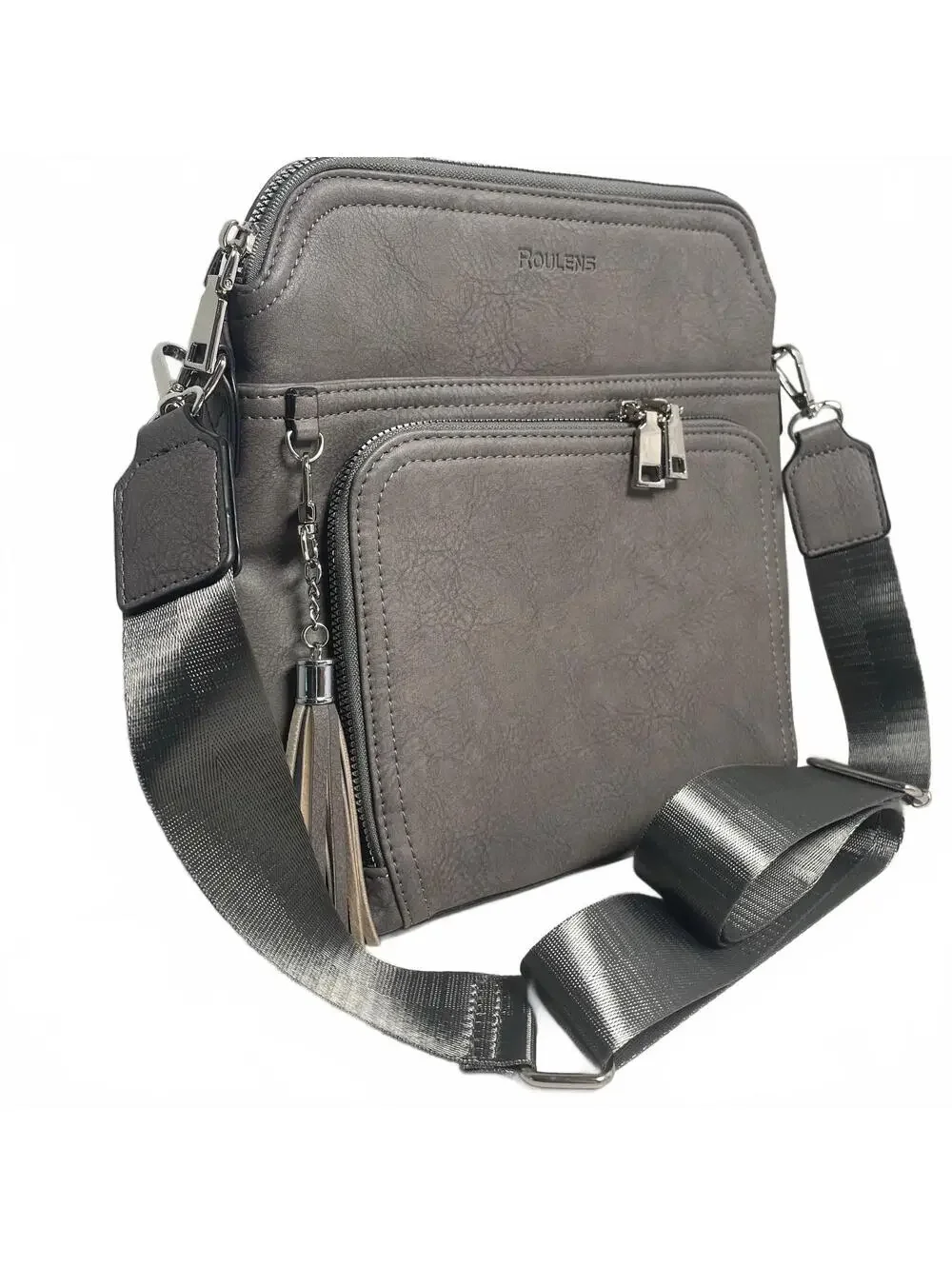 Vegan Leather Gray Roulens Crossbody Wallet Purse Adjustable w/ RFID Travel
